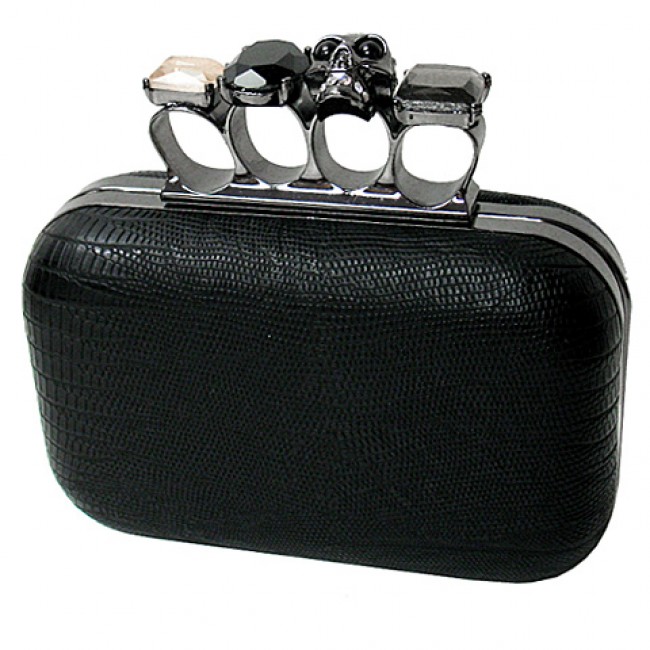 Evening Bag - Small Skull & Stone Knuckle Clutch Bags - Black - BG-EHP7102BK